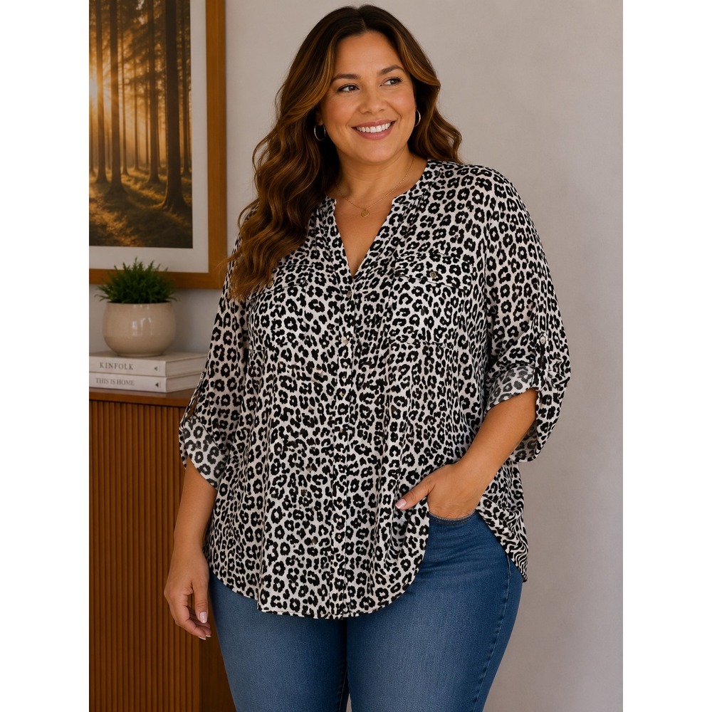 Kate Park Leopard Print Roll Tab Sleeve Blouse Black White 1X 6UBR31P694016B